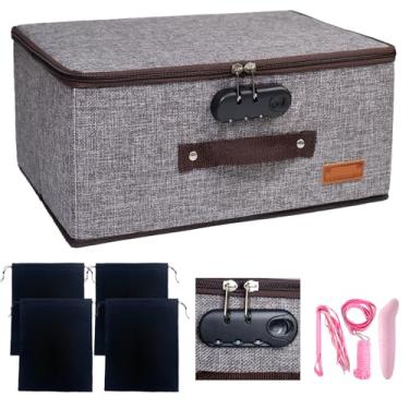 Imagem de MXQHXZSX Organizador de brinquedos para adultos com bloqueio, caixa de armazenamento de brinquedos, sacos de armazenamento de brinquedos com 4 sacos de cordão, grande capacidade 40 x 20 x 20 cm (cinza