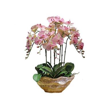 Imagem de DCYEQRQ Flor artificial em vaso rosa conjunto de flores artificiais Phalaenopsis flores falsas plantas artificiais em vaso decoração de casamento flor de seda planta artificial arranjo de flores