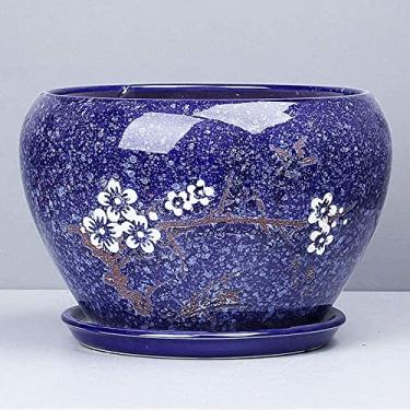 Imagem de Vaso de flores azul extra grande de cerâmica para suculentas, vaso de flores de cerâmica, moderno, minimalista, redondo, padrão de palheta, vaso de plantas de cerâmica áspera, vaso de suculentas