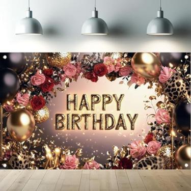 Imagem de Saoplasa Banner vermelho e preto de feliz aniversário, balões dourados, flores rosas, estampa de leopardo, decorações de festa, fundo fotográfico, acessório para fotos de aniversário de mulheres e