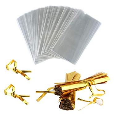Imagem de FunNYARD sacos de pirulito para lembrancinhas de festa com 200 peças, 8,15 x 15,2 cm, sacos de celofane transparentes para lembrancinhas de confeitaria com 200 peças de laços metálicos de 10 cm (8,15 x 15,2 cm)