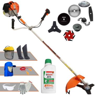 Imagem de Roçadeira Vulcan VR620H À Gasolina 62cc 3HP + Facas 2 Pontas; 40 Dentes; 80 Dentes; 6 Pontas; Trimmer + Escova 38 Cerdas  + Óleo Sthil + KIT EPI