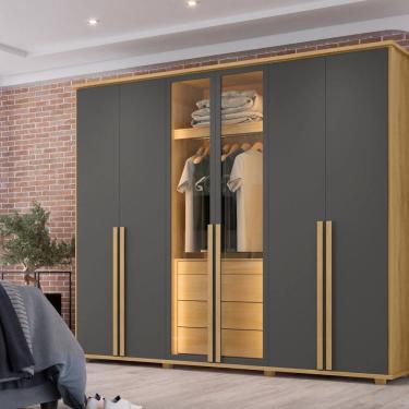 Imagem de Guarda-roupa Casal 6 Portas 5 Gavetas com Corrediças Telescópicas Nichos e Iluminação Led Bélgica Cinamomo/Grafite