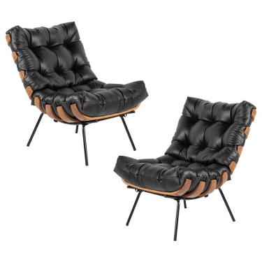 Imagem de Kit 2 Poltrona Decorativa Sala de Estar Costela Couro Preto - Gran Belo