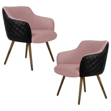 Imagem de Kit 2 Poltronas Decorativas Kitana Pés Palito Couro/Linho Preto/Rosa - Gran Belo