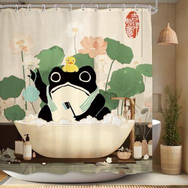 Imagem de LGhtyro Conjunto de cortina de chuveiro de sapo engraçado 188 cm L x 180 cm A estilo asiático rústico animal japonês pato folha de lótus planta botânica acessórios de banho bonito arte retrô decoração