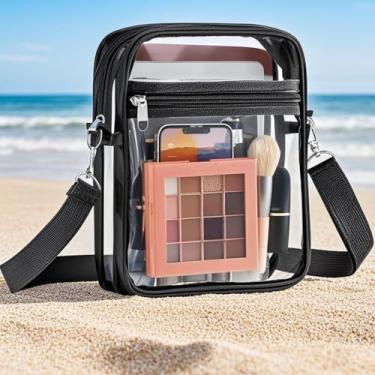 Imagem de Bolsa transversal transparente aprovada para estádio com bolso frontal para shows e festivais esportivos, Preto, Small