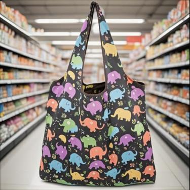 Imagem de Sacos de compras reutilizáveis de poliéster dobrável, estampa geométrica de flores de animais fofos, sacolas de compras reutilizáveis extragrandes de 13,6 kg, resistentes e laváveis na máquina