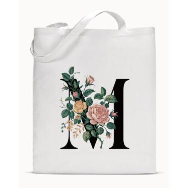 Imagem de Sacola de lona inicial M para mulheres meninas personalizada floral M letra estética reutilizável mercearia bolsa de ombro exclusivo monograma presentes para ela