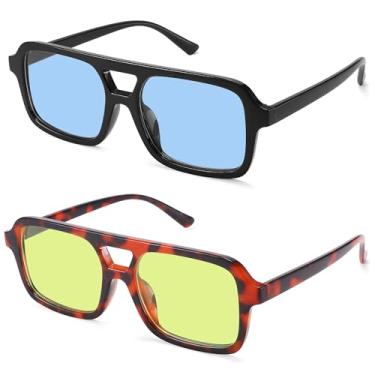 Imagem de Óculos de sol aviador retrô anos 70 para mulheres e homens, óculos de sol retangulares vintage modernos quadrados, preto/azul + tartaruga/verde