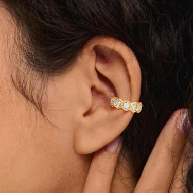 Imagem de Brinco feminino banhado a ouro 14 K, não perfurado, cartilagem de orelha, clipe em zircônia cúbica, hexágono, argola, brincos para presente de joias de orelha, Medium, Latão, Sem pedra preciosa