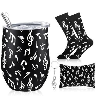 Imagem de Sliner 4 peças presentes para professores de música, copo de vinho musical, 340 g, meias de maquiagem, chaveiros para coro, banda marcial, músicos, cantores, presentes de Natal (notas musicais)
