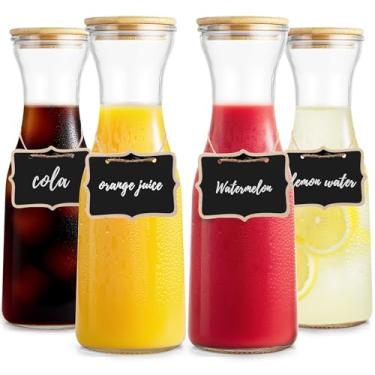 Imagem de Tinaforld - Conjunto de 4 Jarras de Vidro Transparente com Tampa de Bambu, 1000 ml, Suprimentos para Bar Mimosa, Jarra de Vidro com Etiquetas de Nome para Chá Gelado, Café, Suco