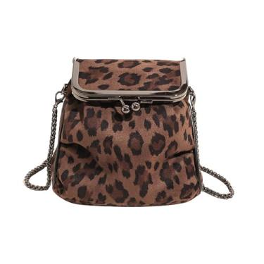 Imagem de Bolsa tiracolo pequena de camurça leopardo com estampa de guepardo, camurça sintética, com fecho de beijo, bolsa de mão para noite com corrente, Caqui