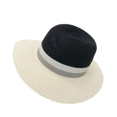 Imagem de Chapéu feminino de jazz de aba larga chapéu de palha rosa cinza costura protetor solar casual chapéu de palha preto 1 54-58 cm