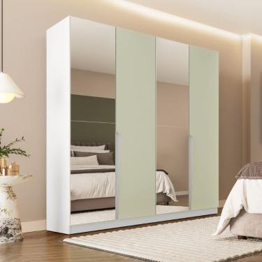Imagem de Guarda Roupa Roupeiro 4 Portas 4 Gavetas com Espelho Porto Branco Verde Politorno Móveis