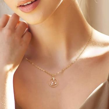 Imagem de Colares do zodíaco para mulheres, pingente de moeda banhado a ouro com joias de zircão, pingentes delicados de astrologia, horóscopo, pingente de aço inoxidável, presente personalizado de aniversário