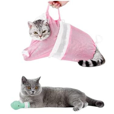 Imagem de Bolsa de banho para gatos – Rede de lavagem ajustável para gatos anti-mordida e anti-arranhões Bolsa de retenção de chuveiro de gato malha respirável para banho, aparar unhas e injeção