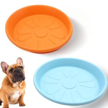 Imagem de Pacote com 2 pratos de comida de cachorro de resina, tigela rasa de comida de gato, tigela pequena para ração seca e úmida (laranja e azul)