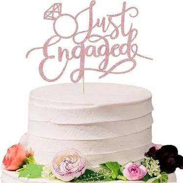 Imagem de Topo de bolo dourado com purpurina, 17 x 11 cm, decoração de festa de noivado com design de anel de diamante (ouro rosa)