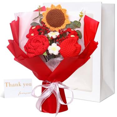 Imagem de Lodou Buquê de flores de crochê, flores de crochê para presente de formatura, girassóis, tulipas, buquê de rosas para o dia das mães, formatura, aniversário, festa de casamento (vermelho)