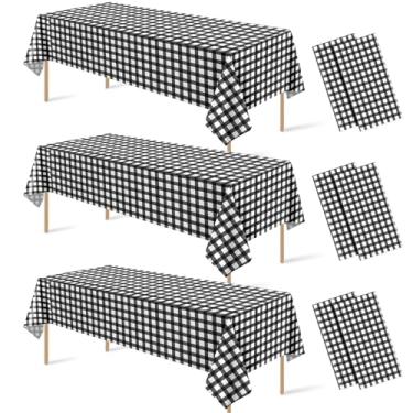Imagem de 6 peças de decoração de toalha de mesa xadrez preto e branco, plástico descartável, preto, xadrez, buffalo, para chá de bebê, casamento, festa de aniversário, 137 x 272 cm