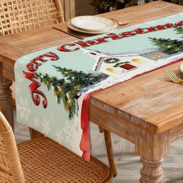Imagem de Caminho de mesa de Natal 33 x 91 cm - Decoração de mesa de jantar de cozinha de inverno para decoração de casa, casa branca com neve impressa Feliz Natal com grinalda, pinheiros e flocos de neve para