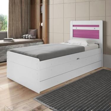 Imagem de Cama Larissa Solteiro com Cama Auxiliar + Baú Organizador MDF Resistente Branco/Rosa