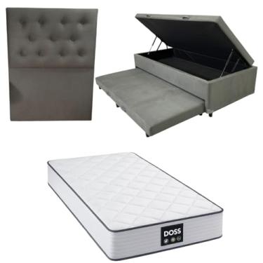 Imagem de Cama Box Baú Solteiro com Auxiliar (Bicama) + Colchão Doss Molas Ensacadas 30cm | Kit Completo com Cabeceira Botonê Opcional | Diversas Cores (3, SUEDE CINZA, COM CABECEIRA)
