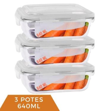 Imagem de 3 Pote Vidro 640ml Marmita Fitness Tampa Hermética 4 Travas - Casa Lin