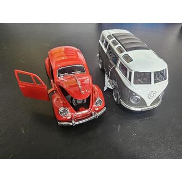 Imagem de Kit Fusc Kombi Miniatura Colecionável Brinquedo Carrinho Metal À fricção Abre Portas (Vermelho+Cinza)