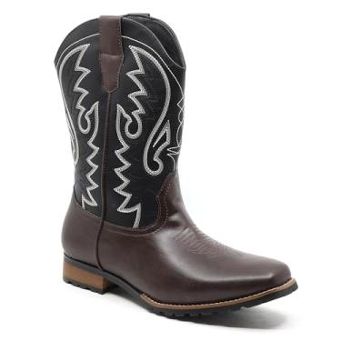 Imagem de Metrocharm Bota masculina caubói bordada, bico quadrado, WESTERN-03, Marrom/preto, 45