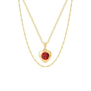 Imagem de XIJIN Colares de coração em camadas para mulheres, corrente banhada a ouro 14K, colar com pingente grosso de coração de zircônia cúbica vermelha, 45,7 cm, 15.7 inch, Latão, Zircônia cúbica