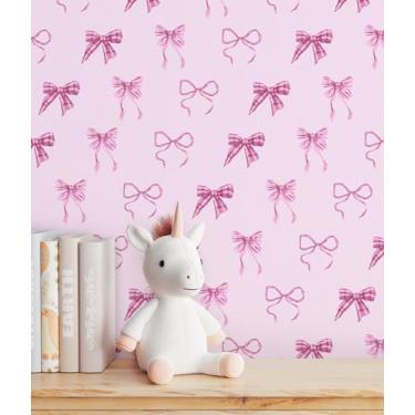 Imagem de RUSPEPA Papel de parede destacável e colado, 17,3 polegadas x 6,5 pés, design de laço rosa, papel de parede removível, papel de contato decorativo à prova d'água para armários, paredes