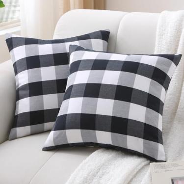 Imagem de WHATWEARS Conjunto de 2 almofadas decorativas xadrez com inserções, almofada xadrez de búfalo de linho retrô para decoração de varanda e pátio, decoração clássica para sofá-cama (preto e branco, 45,7