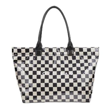 Imagem de idoltimes Bolsa feminina quadriculada, estampa moderna, bolsa de ombro de plástico impermeável de grande capacidade, forro de lona, Preto, One Size
