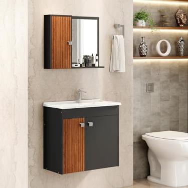 Imagem de Conjunto Banheiro Munique II com Gabinete, Espelheira e Cuba (Preto Fosco/Ripado)