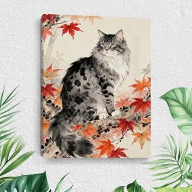 Imagem de Arte de parede em tela de gato, pinturas de arte emolduradas a tinta, decoração de parede, folhas de bordo e amantes de gatos, imagem para sala de estar, sala de jantar, decoração de casa para galeria