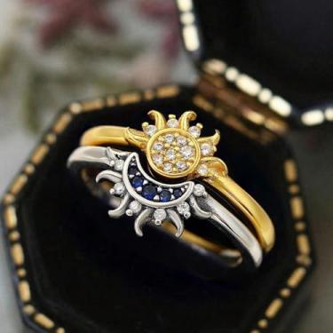 Imagem de 1 conjunto de anéis empilháveis banhados a prata branca torcendo o sol e a lua para mulheres uso diário namoro melhor presente de aniversário joias finas presentes, Bubble black gold-8, Prata