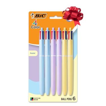Imagem de BIC Canetas esferográficas multicoloridas de barril pastel de 4 cores, tinta de longa duração e ponta média de 1,0 mm, pacote com 6 unidades em tinta preta, azul, vermelha e verde