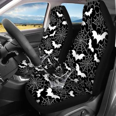 Imagem de Jodoolang Capas de assento de carro preto e branco com teia de aranha 2 peças capa protetora de assento frontal elástica respirável universal para veículos, SUV, caminhões sedã para mulheres e homens