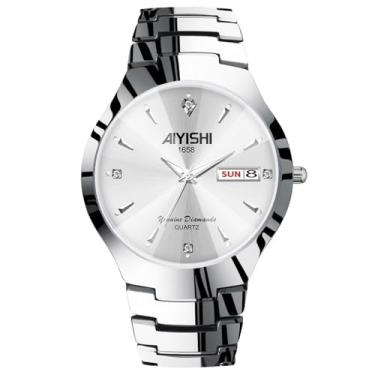 Imagem de AIYISHI Relógios masculinos com data, luxuoso, diamante, à prova d'água, relógio de pulso analógico, aço inoxidável, luminoso, prata