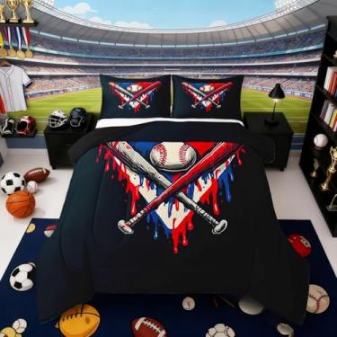 Imagem de Erosebridal Jogo de cama solteiro com estampa de beisebol, para meninos, adolescentes, adultos, vermelho, azul, graffiti, preto