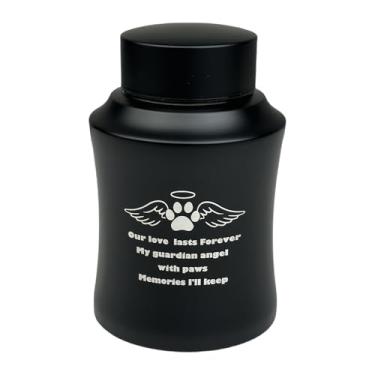 Imagem de ShengJingRH1990 Urna preta de aço inoxidável para cinzas – Urna de cremação média para cães e gatos, comporta até 36 kg, impressão de pata gravada com asas de anjo, lembrança memorial de animais de