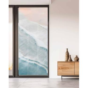 Imagem de Película de privacidade Ocean Beach Blue Window Summer Coastal Decorative Vitral Window Film Boho Spray Wave Static Windows Adesivo para porta de vidro, 89.9 cm x 199.9 cm Blackout Shades Windows