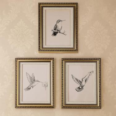 Imagem de Fiwochic 3 peças beija-flor vintage moldura dourada desenho desenho desenho beija-flor decoração de parede para decoração estética de quarto pronto para pendurar casa de fazenda quarto banheiro