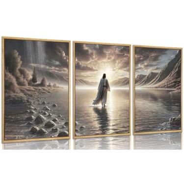 Imagem de Yirmoky Arte de parede de Jesus andando na água, 3 peças, pôsteres cristãos, decoração de parede, imagens religiosas de Jesus, arte para sala de estar, quarto, decoração de igreja, 30,5 x 40,64 cm