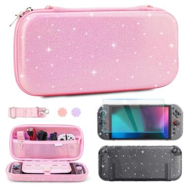 Imagem de RHOTALL Estojo de transporte rosa com glitter para Nintendo Switch 2, capa protetora rígida e fina para transporte de viagem, capa transparente com glitter acoplável para Switch 2, protetor de tela