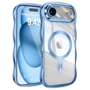 Imagem de UEEBAI Capa para iPhone Air, linda capa de celular magnética com moldura ondulada compatível com Magsafe capa de proteção completa para câmera macia galvanizada para mulheres e meninas - azul