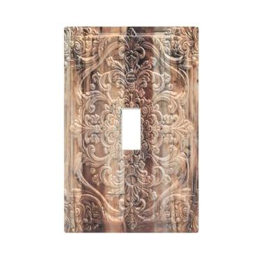 Imagem de Wpshijia Capas decorativas de placa de interruptor de luz marrom padrão de prancha de madeira 3D floral em relevo 1 interruptor de luz placa de cobertura de interruptor de luz única placa de tomada